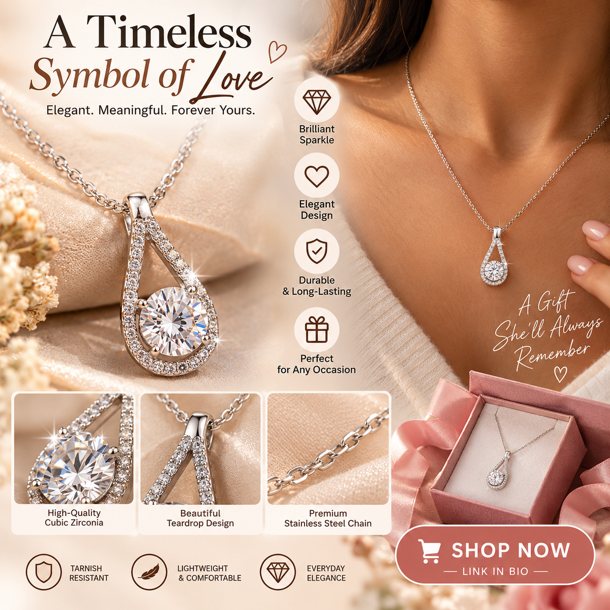 Elegant Heart & Teardrop S925 Silver Necklace